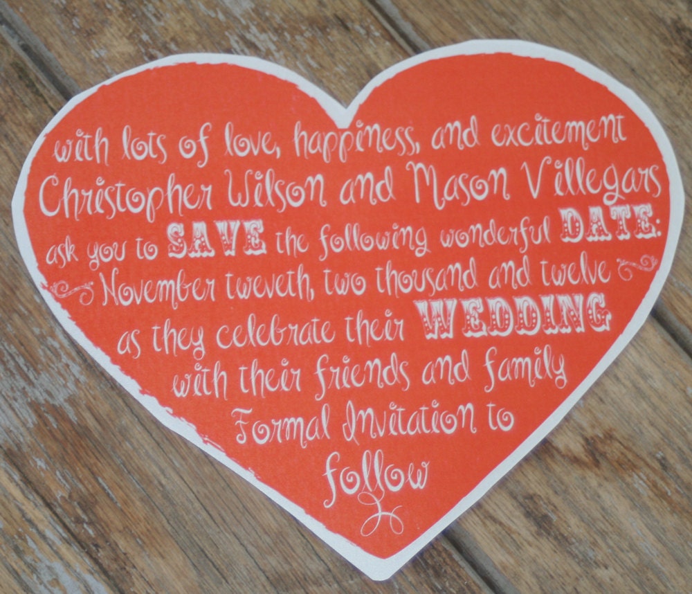 Save the Date or Wedding Invitation Red Heart Calligraphy Custom