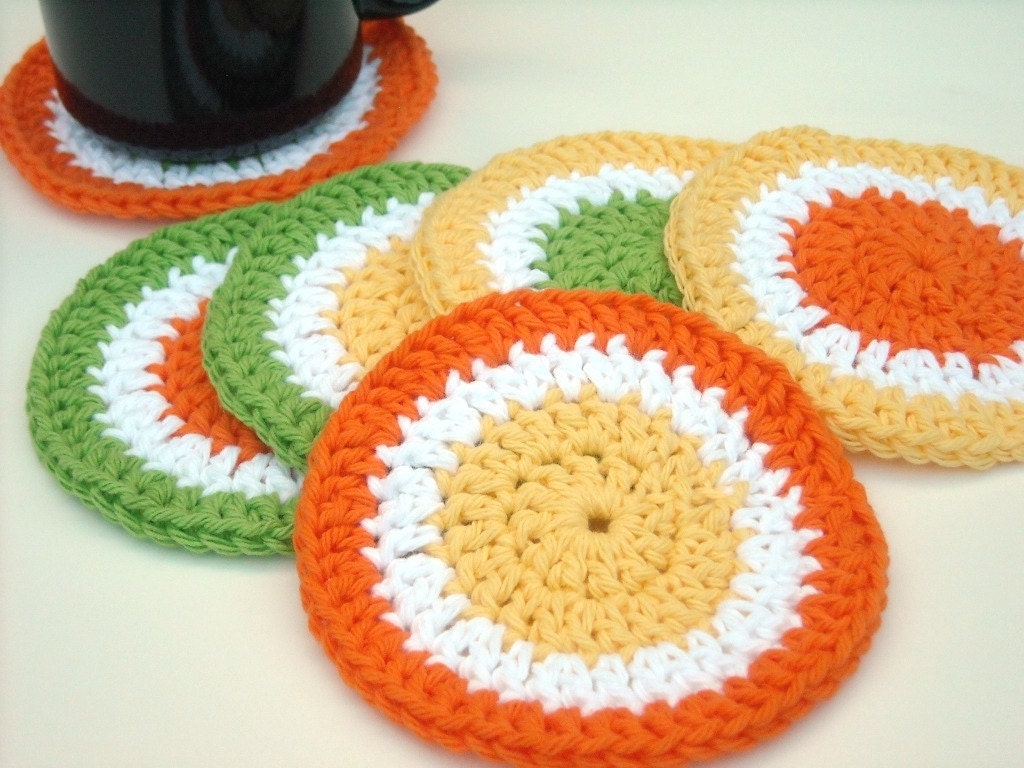 Crochet Coasters Absorbant Durable Cotton Bright Orange Lime Green Sunny Yellow Set of 6