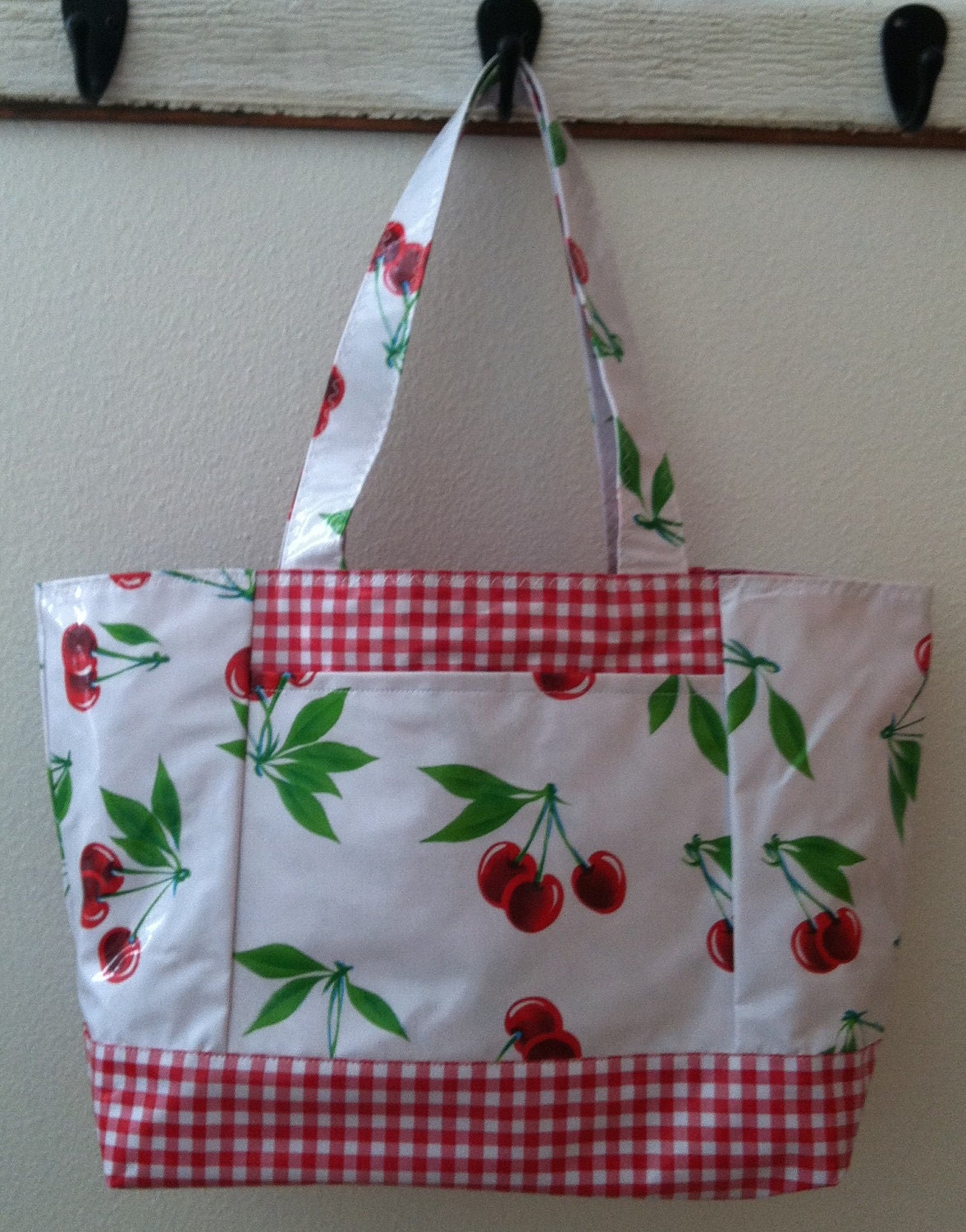 Beth's Large Red Cherry Oilcloth Tote with Exterior Pockets