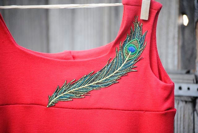 Peacock Feather Flare Dress for Girls made from Bamboo - Royal Red,  2T, 3T