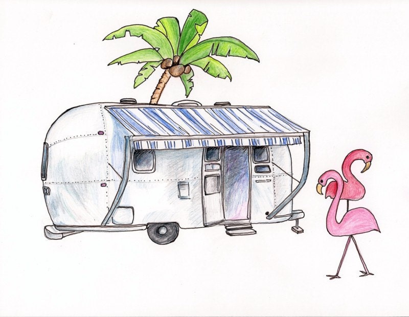 Airstream with Flamingoes, Print of Colored Pencil Drawing 8"x10"
