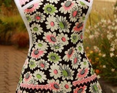 Flirty 1960s Retro Apron Black Pink & Apple Green Daisy Print