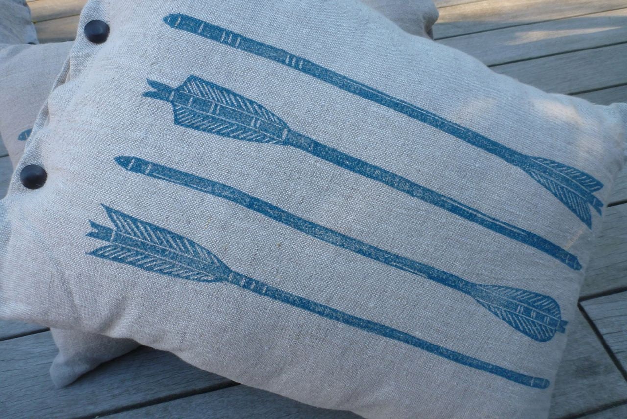 RESERVED pillow/cushion linen arrows turquoise block print  (mineral blue on oatmeal)