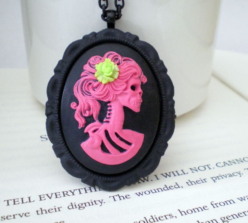 Skull Necklace. Gothic Jewelry. Cameo Necklace. Black. Hot Pink Lady. Madame Mayhem Collection.