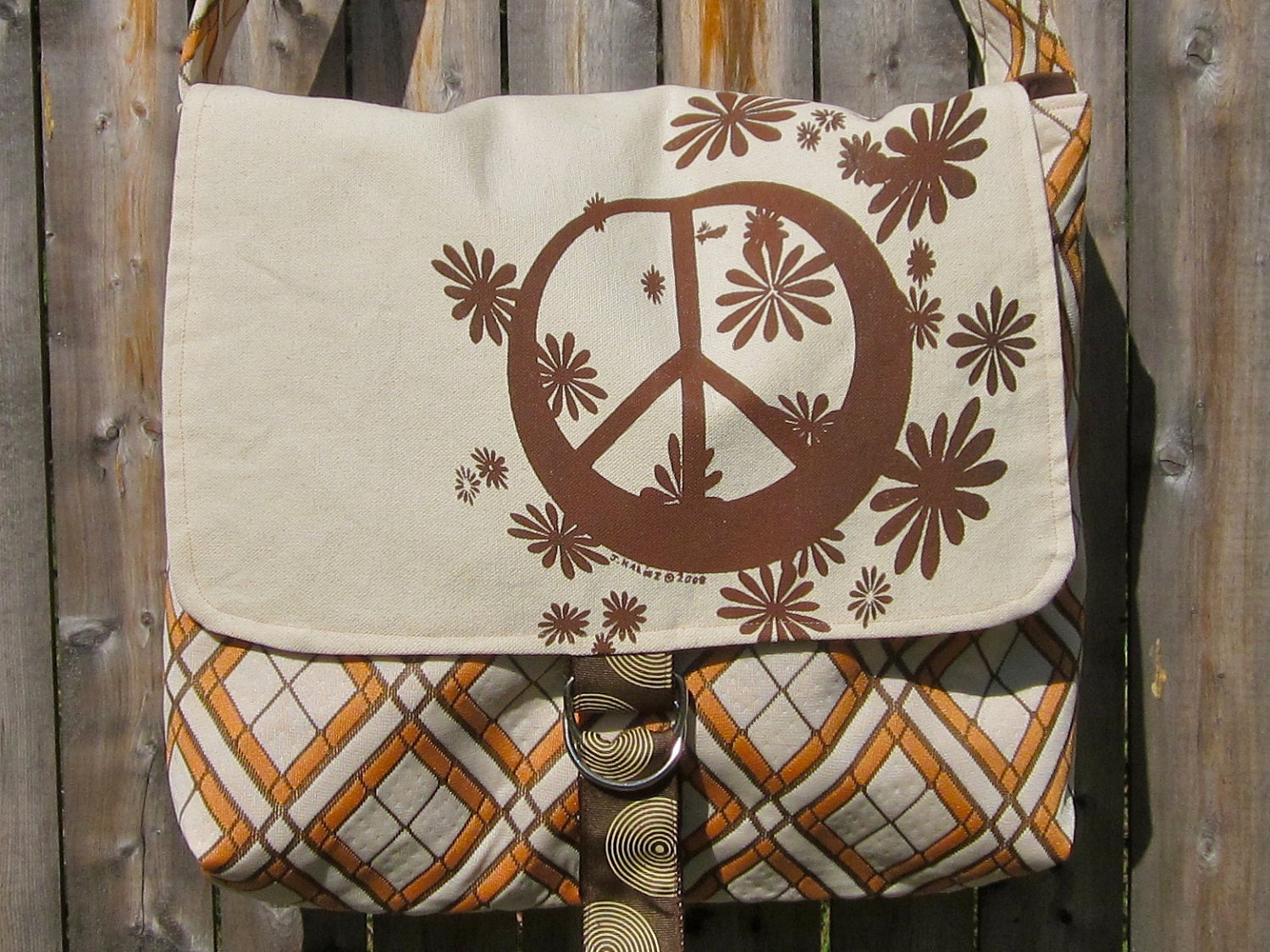 Peace Sign Canvas Messenger Bag in Retro Cream, Brown, and Tangerine