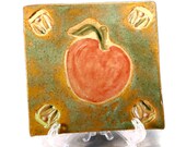 Apple Handmade Ceramic Tile or Coaster / Stoneware Clay Pottery / On Sale