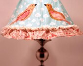 Love Birds Lampshade - hand embroidery, birds, blue print cotton, ruffled orange edge
