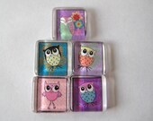 Fun Owls Square Glass Magnets Set of 5