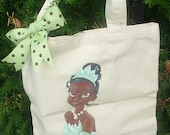 Frog Princess Canvas Tote- Hand Painted with coordinating Ribbon Bow