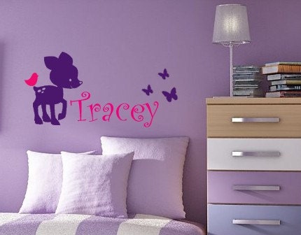 GIRLS Personalized LIttle Baby Deer and Butterflies with bird Vinyl Wall Lettering Decal children
