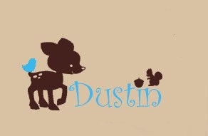 BOYS Personalized LIttle Baby Deer and friends squirrel with bird Vinyl Wall Lettering Decal children