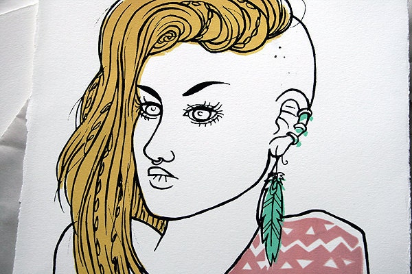 Punk Girl with Feather Earring Print "Stoicism" Archival Screenprint and Original Illustration 11 x 14 in