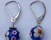 Earring - Yellow Flower on Round Cobalt Blue Glass Bead
