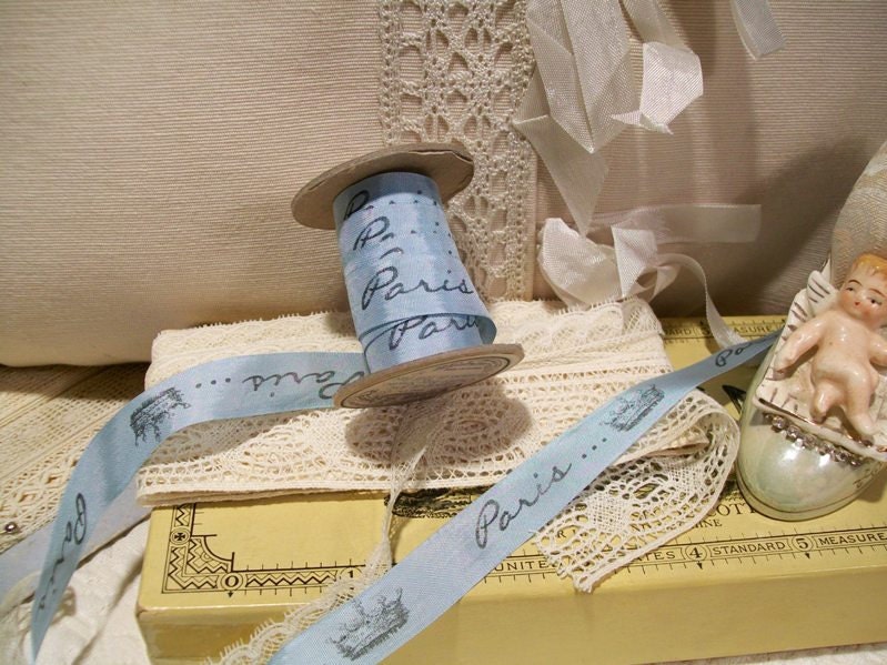Vintage rayon seam binding ribbon - custom printed French Blue - Paris and Crown printing