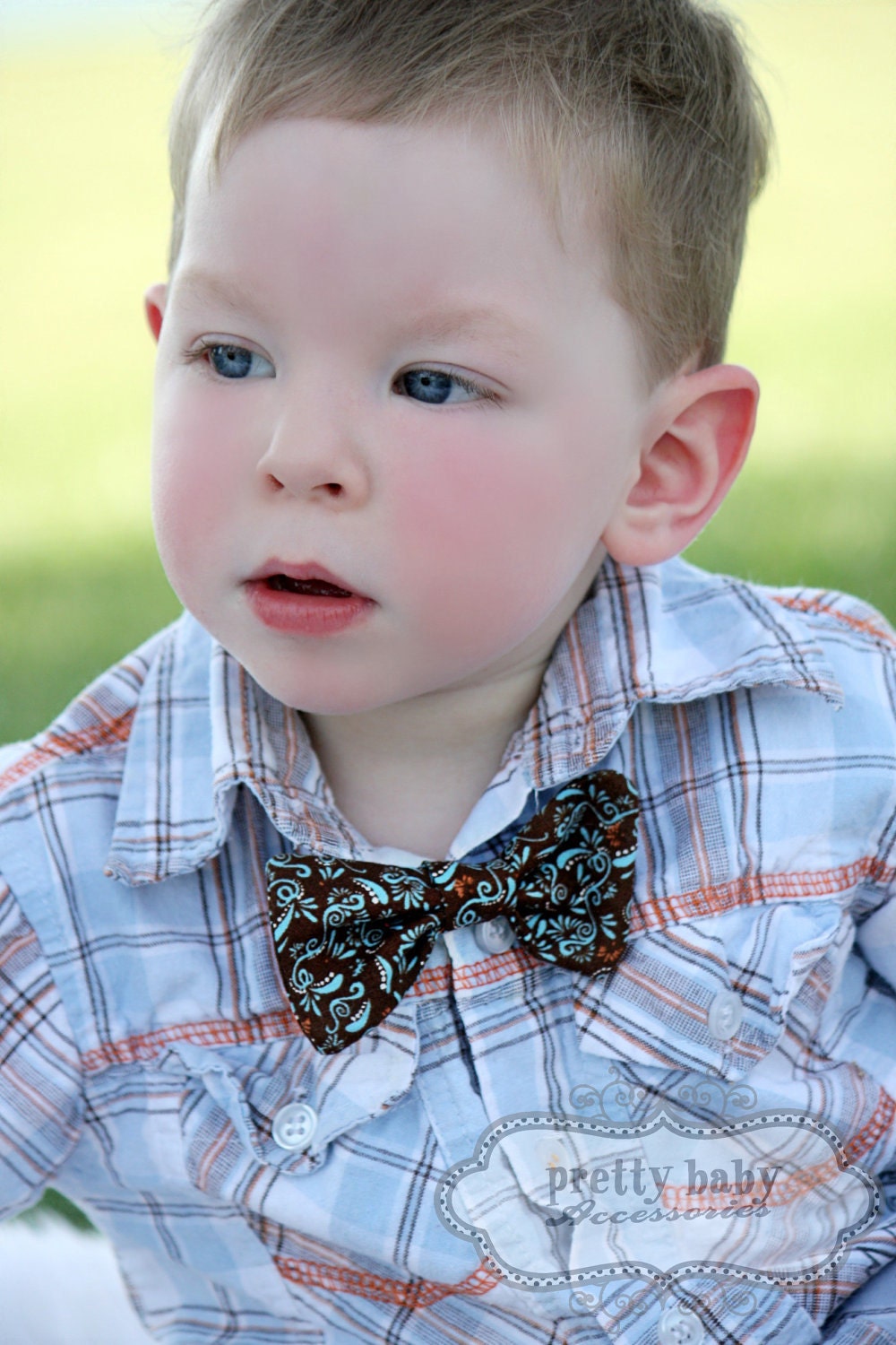 Brown  Boys Bow Tie w/ Light Blue Damask - Toddler, Newborn, Child