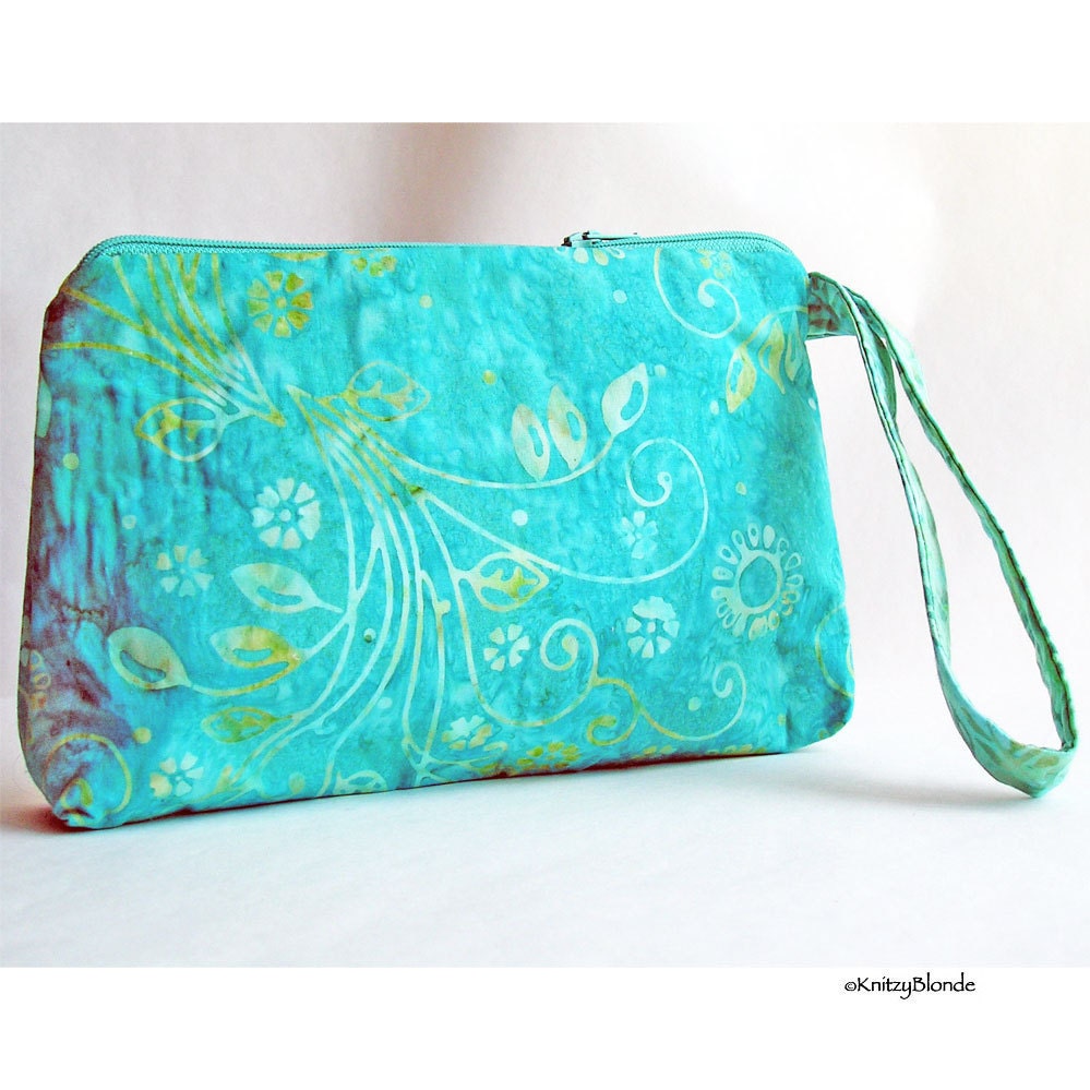 Cosmetics Bag, Knitting Notions Pouch, Turquoise Aqua Green Batik Cotton, Zipper Wrist Strap
