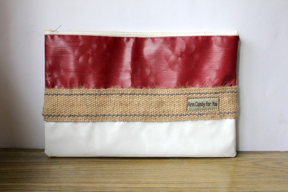 Zippered Clutch Red White Stripes Vinyl with Burlap Vegan Waterproof