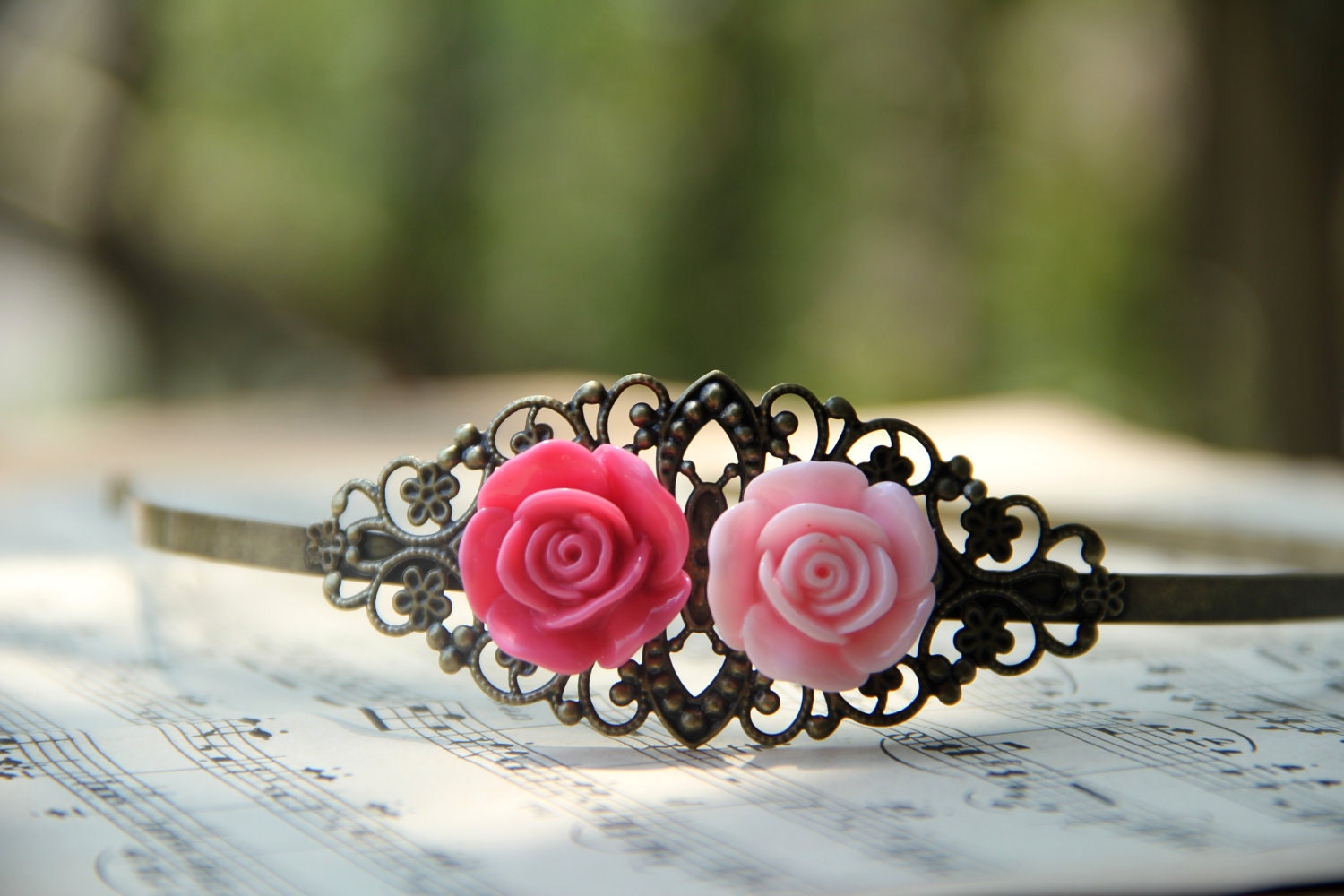 Metal Filigree headband, Antique Bronze Hair band with pink and fuchsia roses by Vintage By Rachel on Etsy.