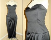 1980's Black Draped Strapless Victor Costa  Bombshell Dress Vintage 80's 50's Style Couture Ruched Cocktail Party Dress