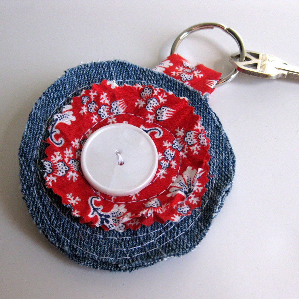FLOWER KEYCHAIN recycled blue jeans red vintage fabric by Lynn Minney Designs