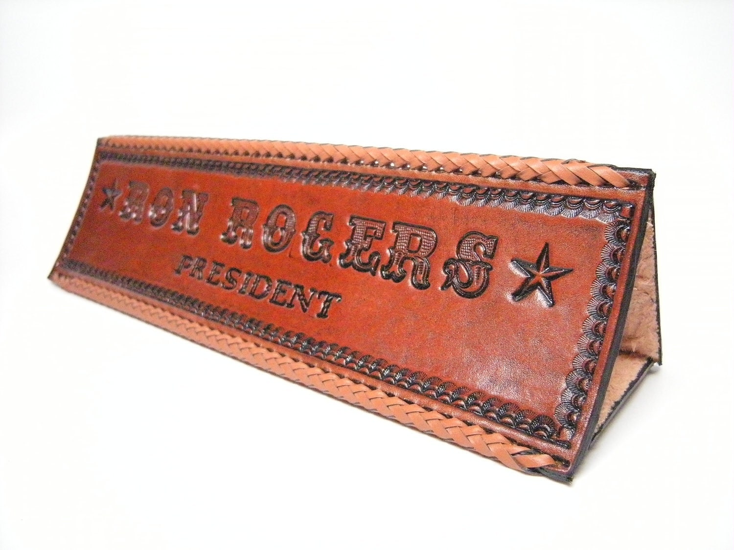 Executive Leather Desktop Name Plate with Braided Edges