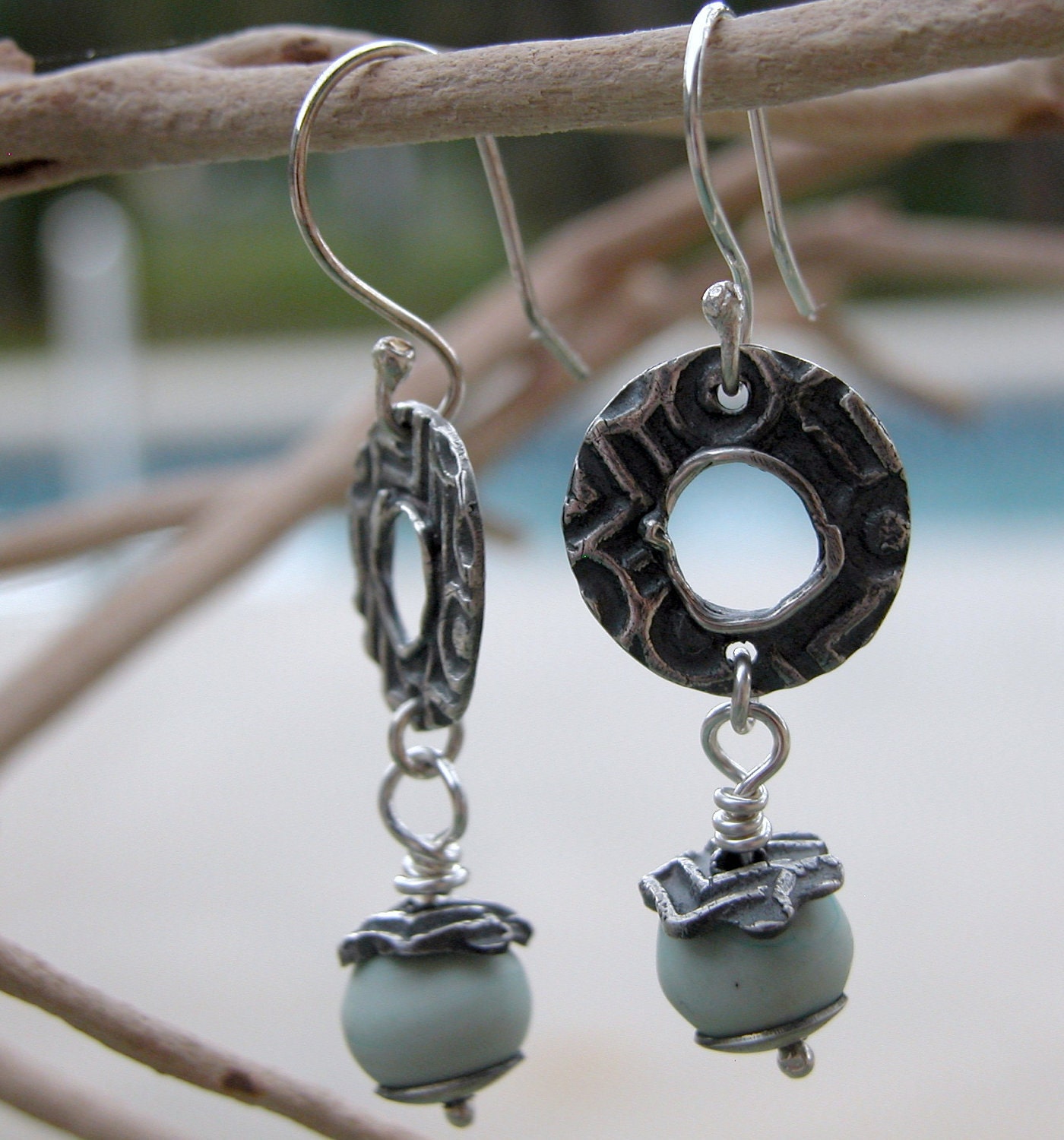 Silver earrings with lampwork copper green beads