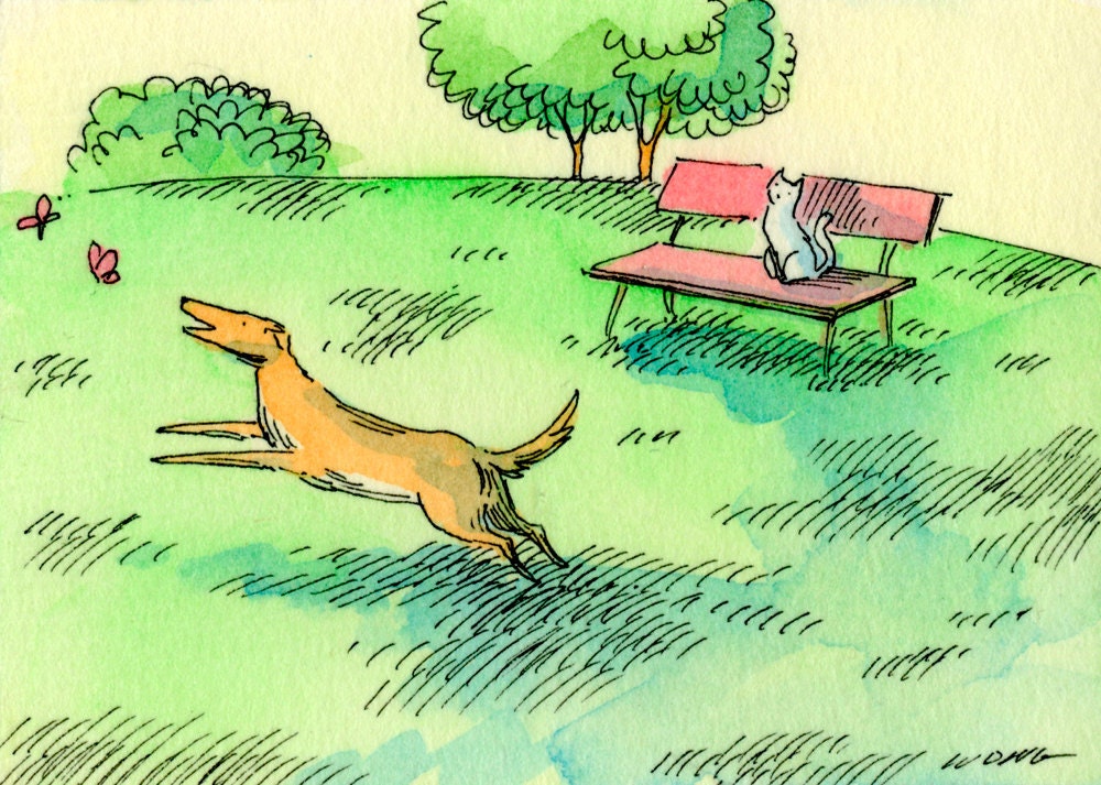 Original ACEO Painting -- Watching the silly dog