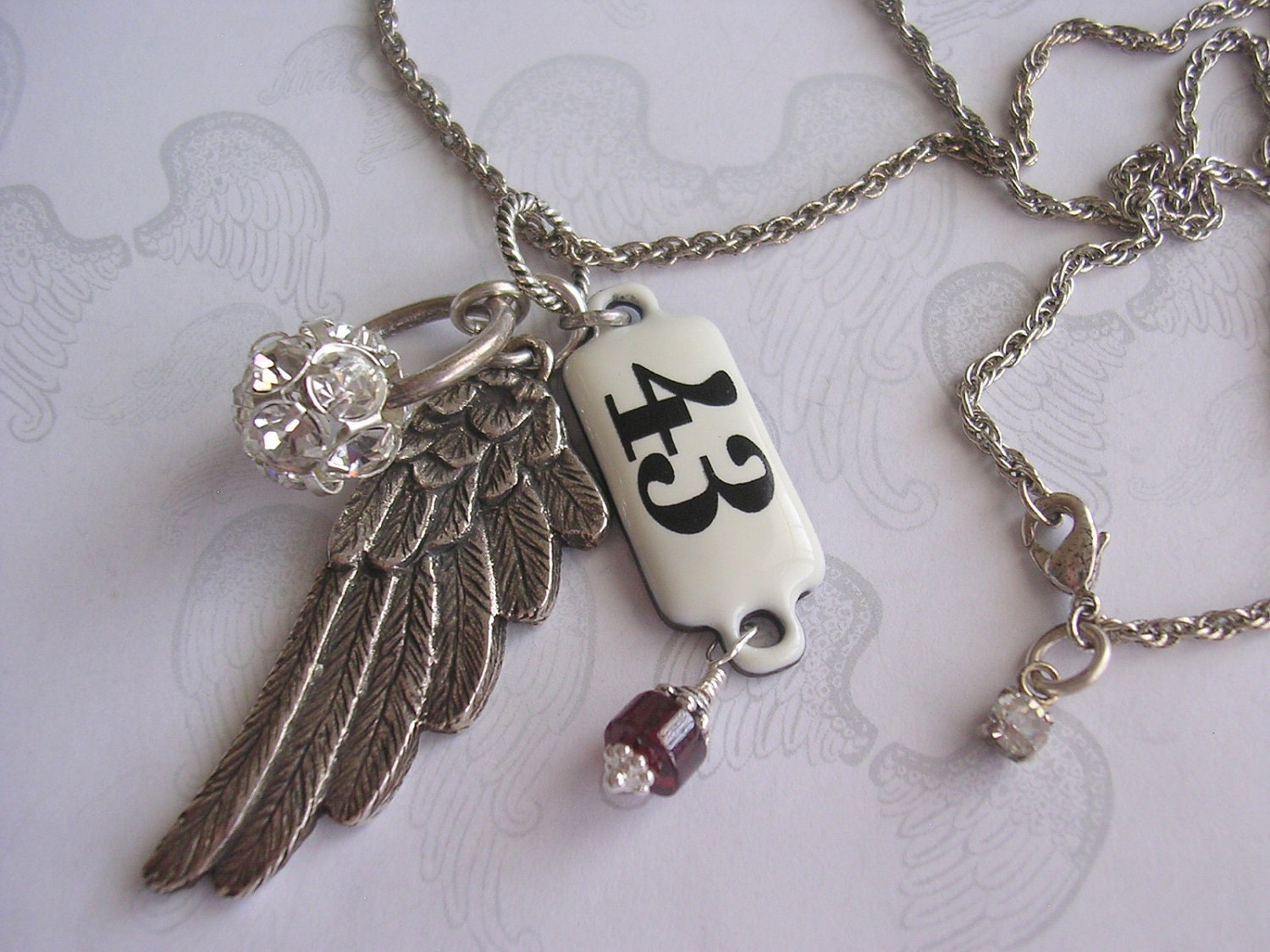Silver Angel Wing Charm Necklace, Crystal, Garnet, Number Tag