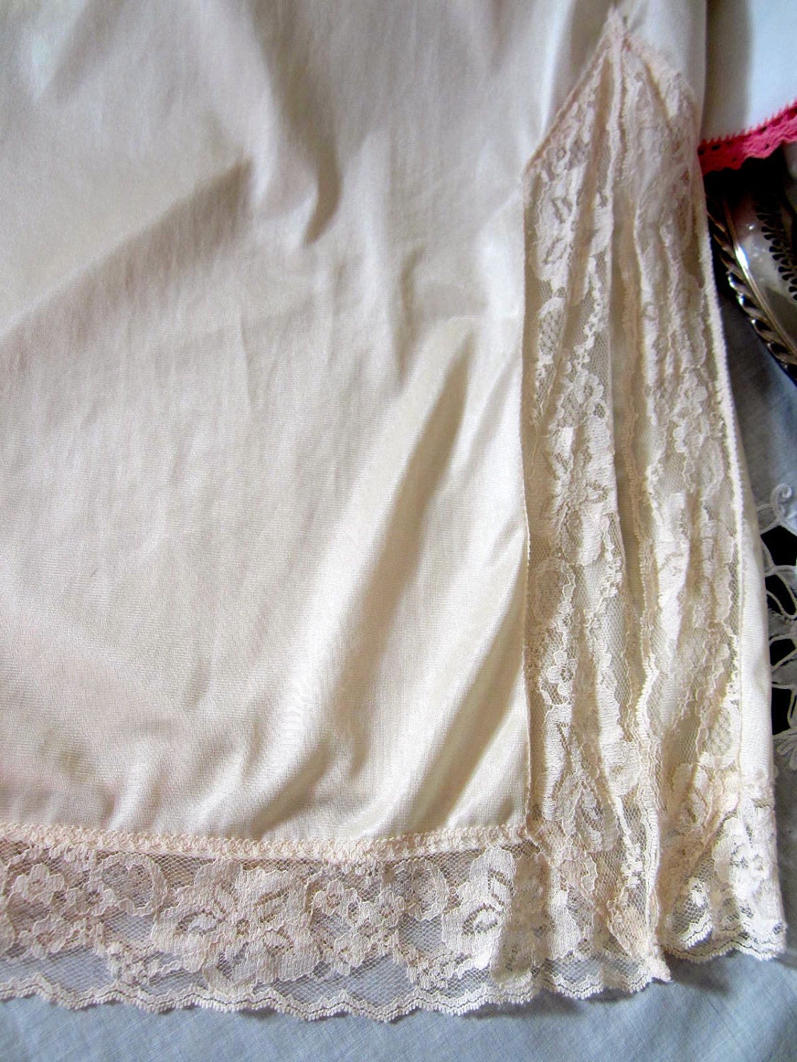 Vintage Long Ivory Half Slip with Lace Slit - M/L JC Pennys