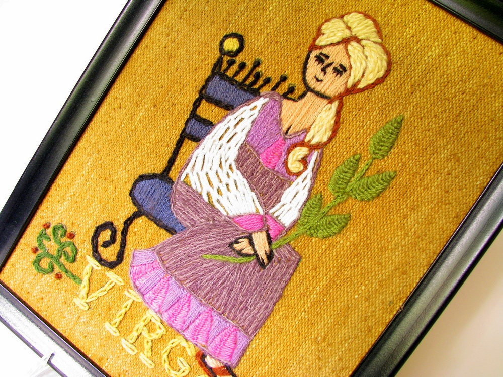 Virgo Crewel Embroidery Zodiac Sign Vintage 1970s