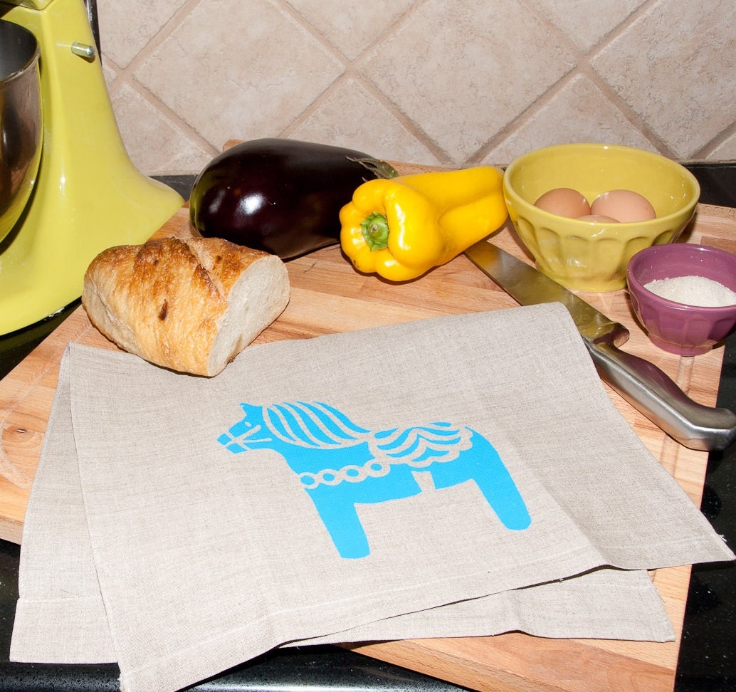Swedish Dala Horse Flax Linen Tea Towel