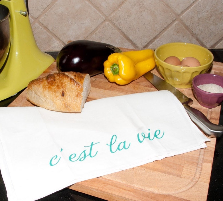 C'est La Vie White Linen Tea Towel