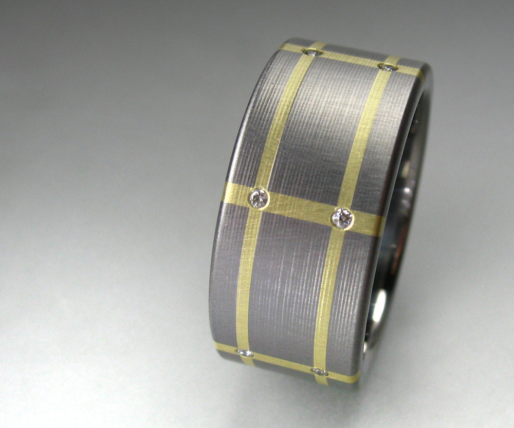 Men's Diamond Wedding Band Titanium Green Gold Plaid