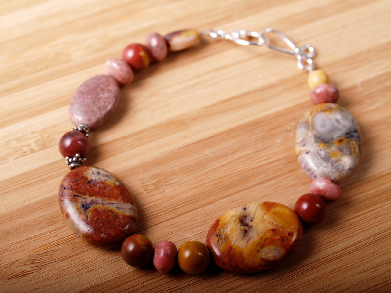Falling leaves bracelet of mookite, rhodonite, African agate, and india jasper