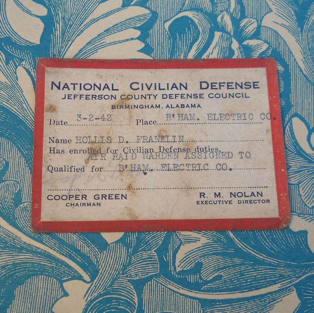 WWII National Civilian Defense Air Raid Warning Card Birmingham, Alabama 1942