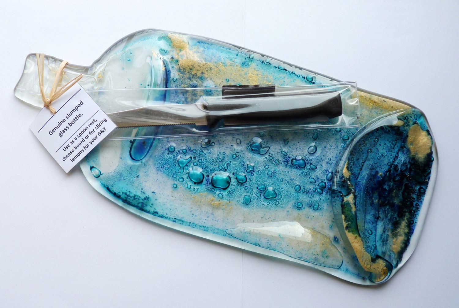 Flattened bottle cheeseboard with knife- turquoise blue, gold