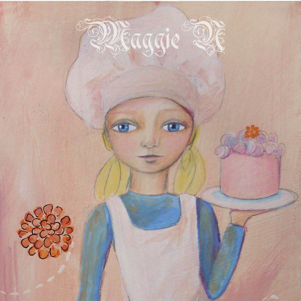Print - Cake and Baker Girl - Reproduction of my Original Acrylic Painting - Pastry Chef - Dessert