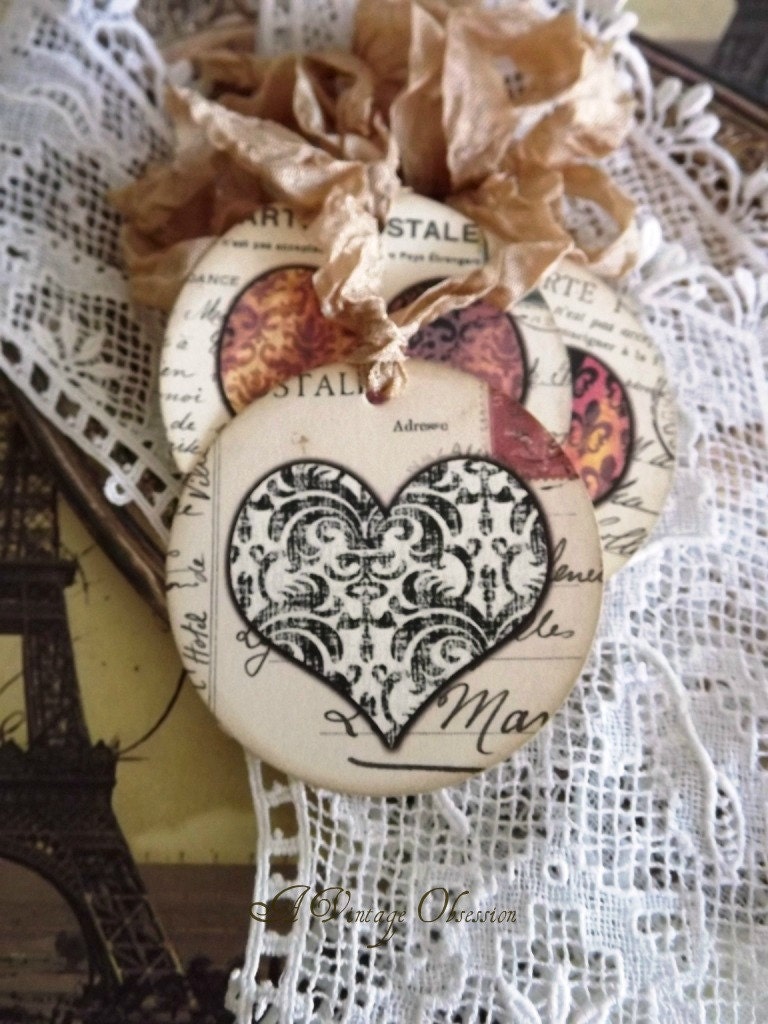 Gift Tags Valentine Tags with Hearts by avintageobsession on etsy