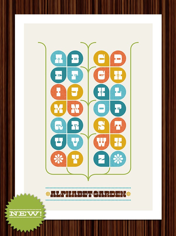 Typography poster print nursery -  Alphabet Garden - A3 29.7 x 42 cm Mid Century Modern home retro eames