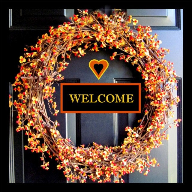 Personalized Autumn Bittersweet Wreath Welcome Photo, 10 x10, Fine Art Photograph