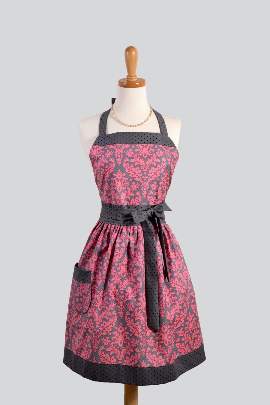 Womens Classic Bib Apron - Elegant Catalina Pink and Gray Damask with Charcoal Gray and Black Dot Trim