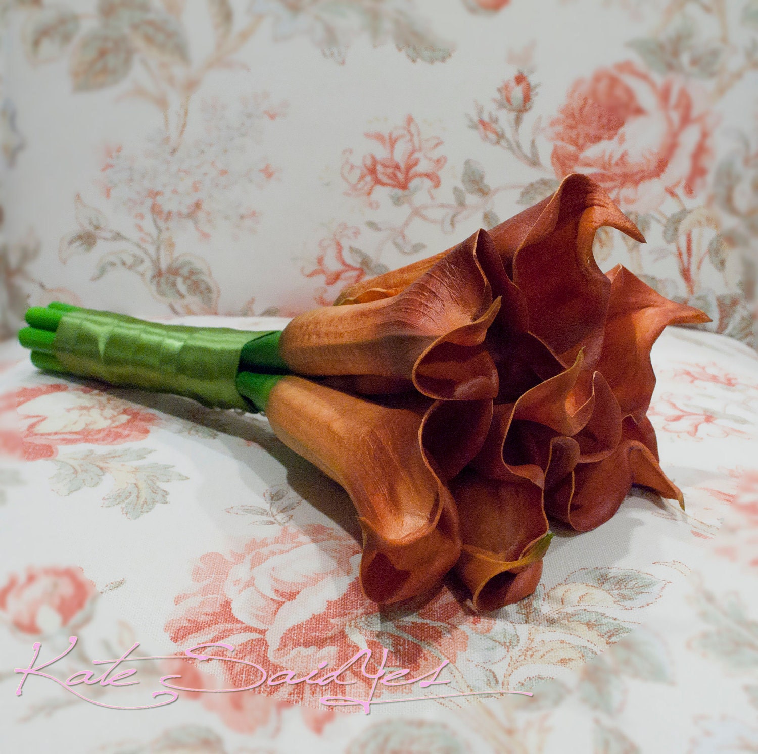Rust Orange and Moss Green Calla Lily Real Touch Wedding Bouquet