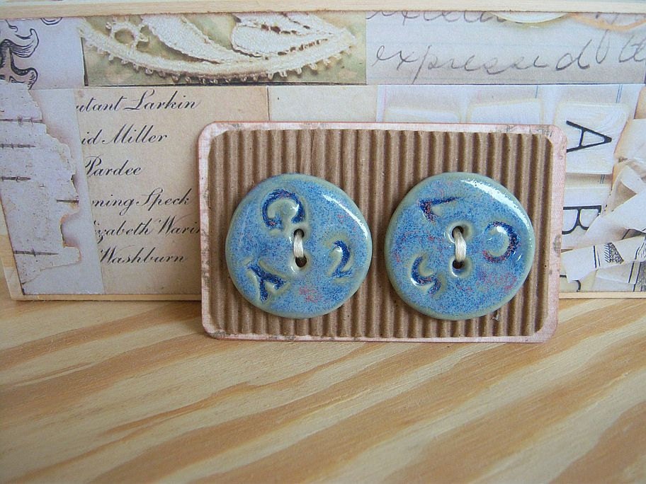Ceramic Stoneware Blue Buttons with Random Text - Set of 2