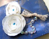 Ethereal Fabric Flowers Necklace with Turquoise Blue beads