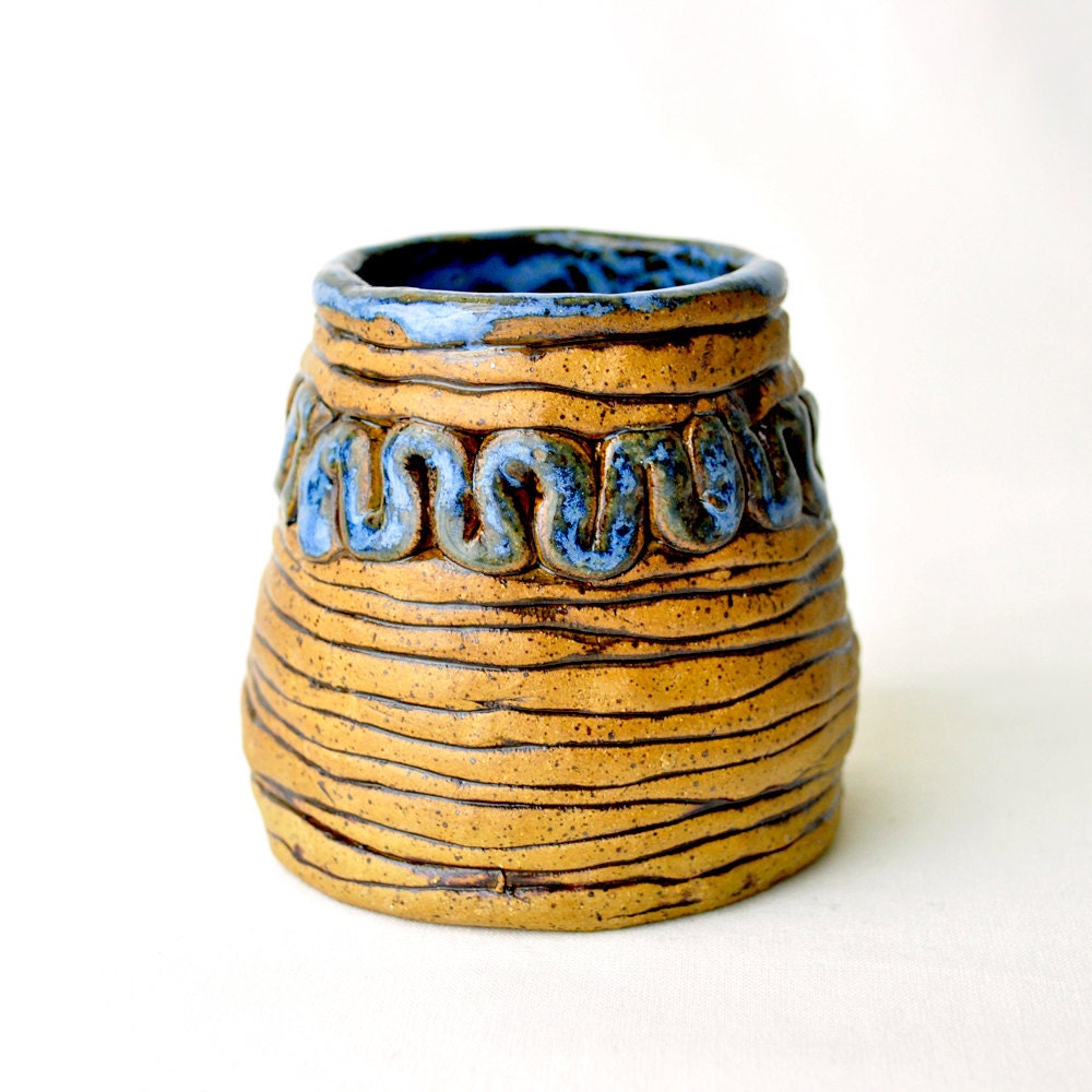 Flower Vase blue and brown wabi sabi eclectic pottery squiggles