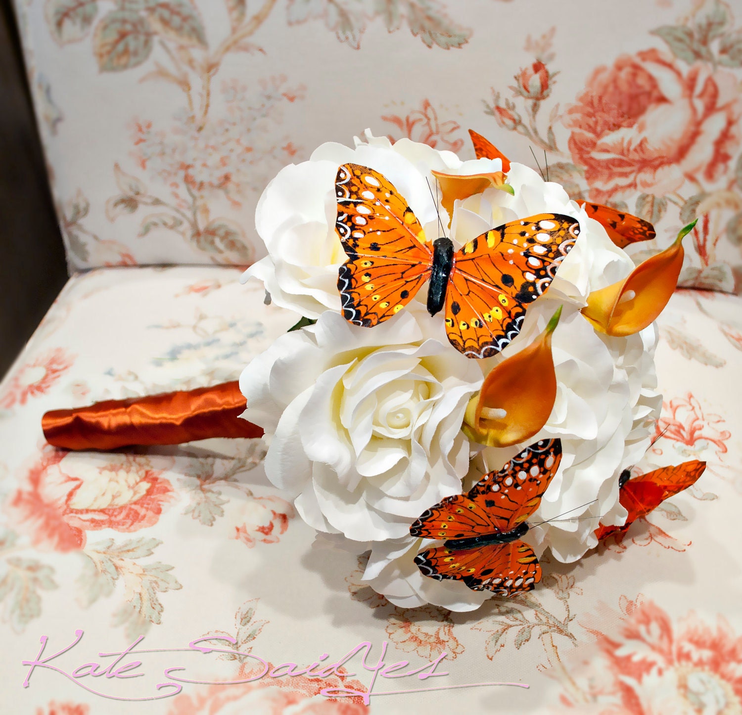Ivory Rose Orange Calla Lily and Butterfly Silk Bridal Bouquet