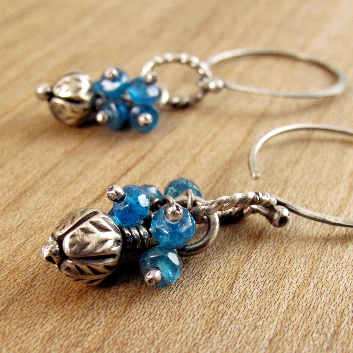 Apatite and Silver Flower Bud Earrings