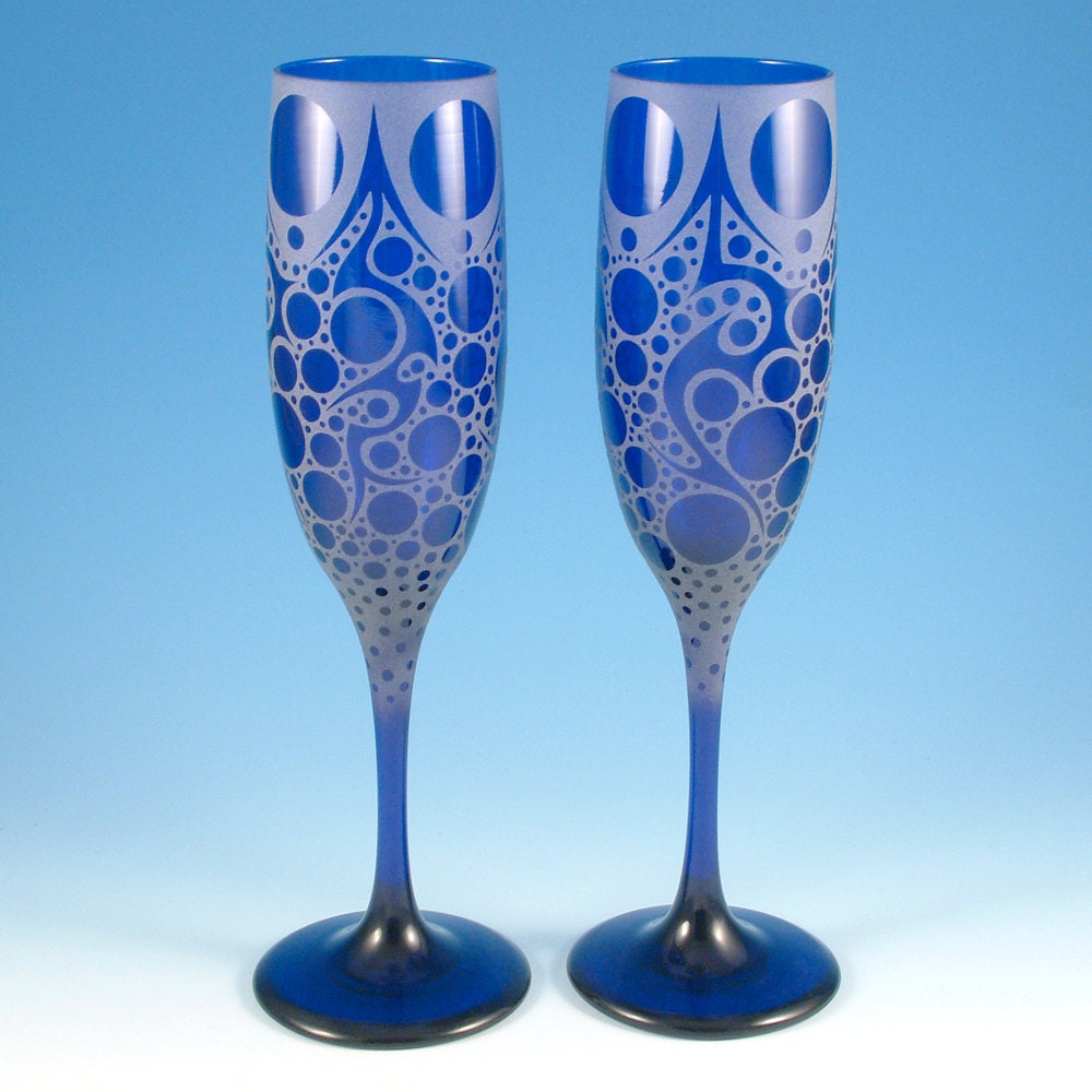 Cobalt Blue Champagne Flutes - Bubbling Arrows - Limited Edition Glasses by Jeffrey Woods