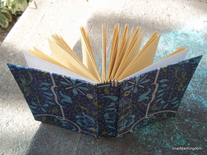 Journal Notebook - Blue Antiqued Floral Print - Creamy Manilla Drawing Paper Pages