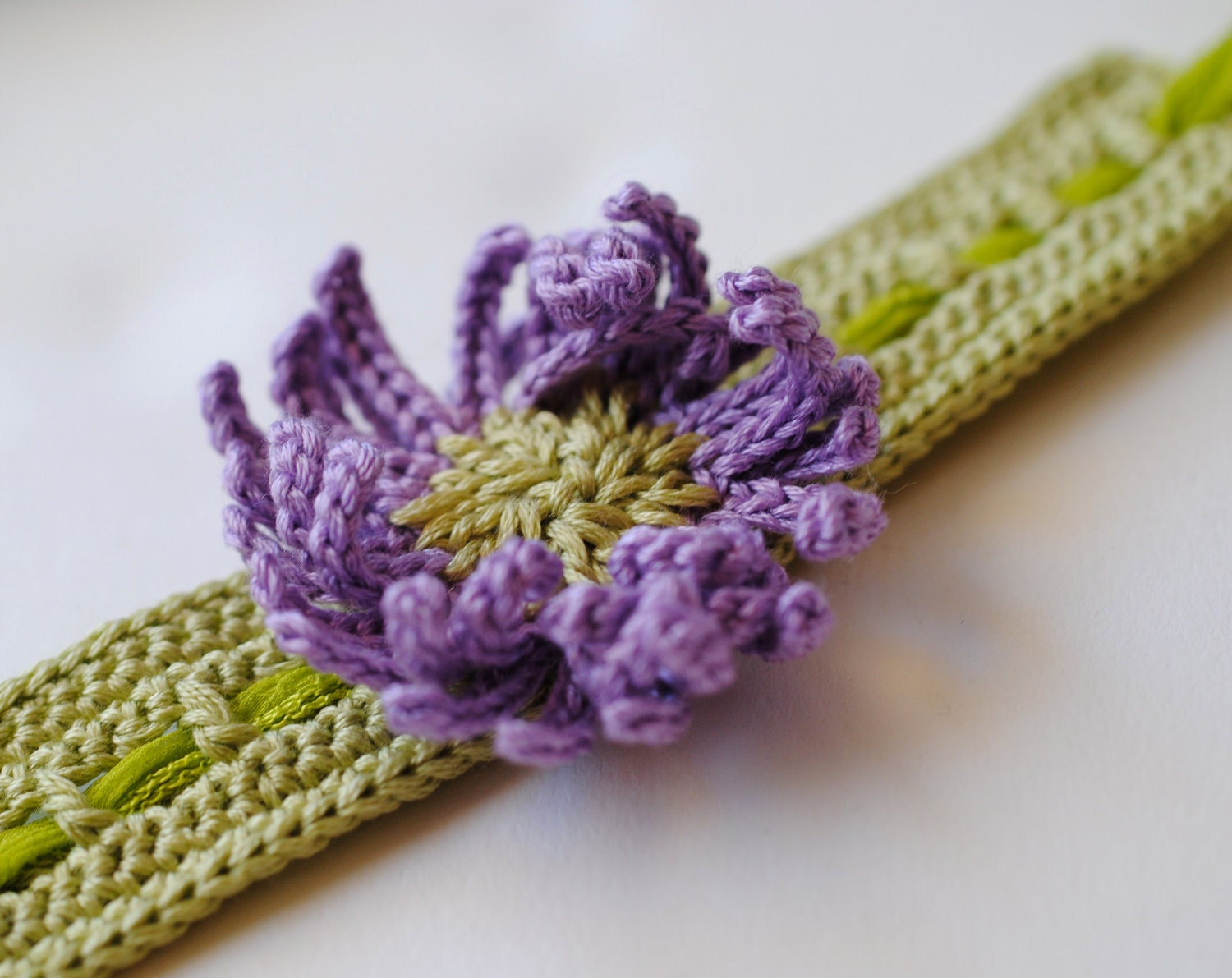 Bracelet Cuff Choker Green Flower Lilac Silk Ribbon Handmade - twoknit